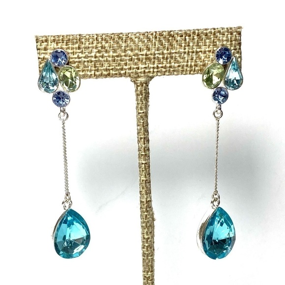 Earrings Dangles Drops Blue Rhinestones Silver Tone Long - Picture 7 of 11